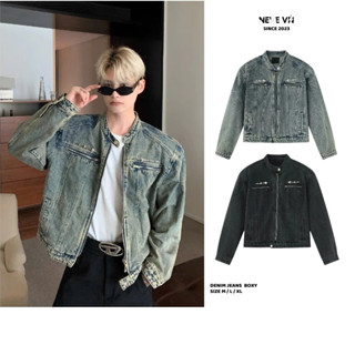 Áo Khoác Jeans Denim From Boxy Unisex Dây Kéo 2 Colors.