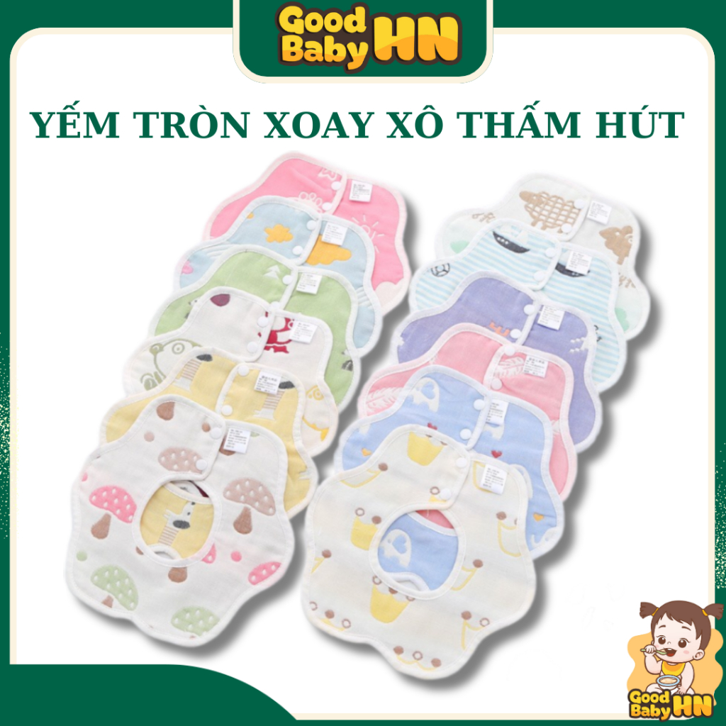 Yếm xô tròn sợi tre 6 lớp xoay 360 độ có cúc bấm dày dặn siêu thấm hút dành cho bé