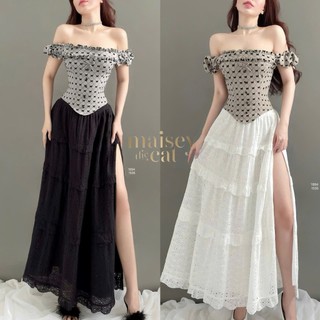   MAISEY 1994  Áo trễ vai phối chân váy vintage xẻ đùi – tiểu thư quyến rũ sang nhẹ 