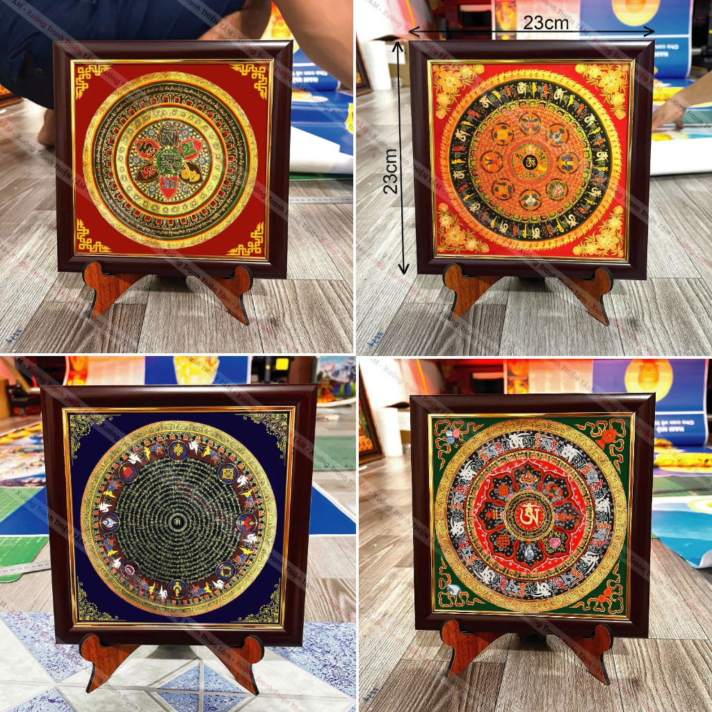 Tranh Om Mani Mandala để bàn size lớn 23x23cm khung composite, chân gỗ xịn xò