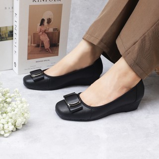  Giày Đế Xuồng Búp Bê Da Thật 4cm Mũi Tròn Gắn Nơ Da - HT.NeO 
