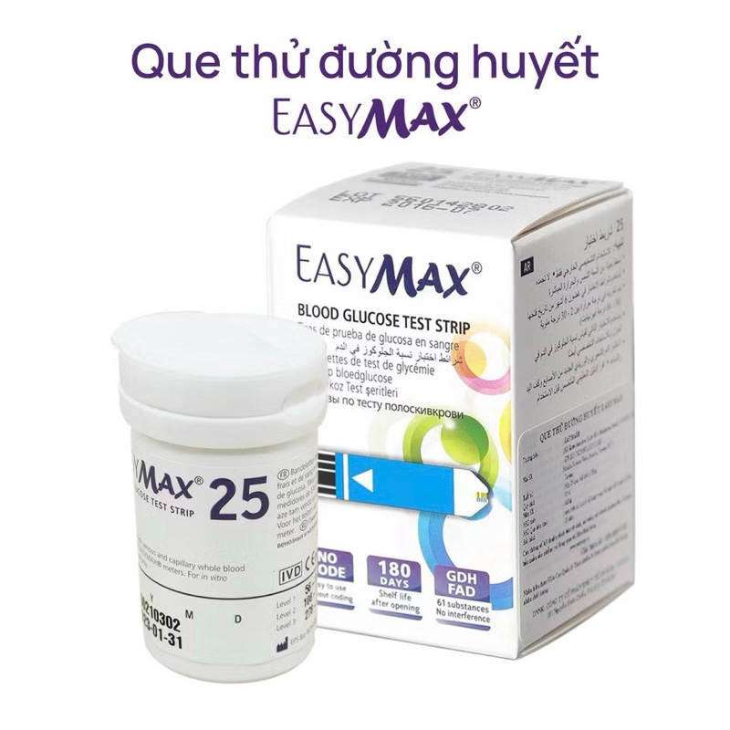 Que thử đường huyết easy max lọ 25 que (date mới nhất)