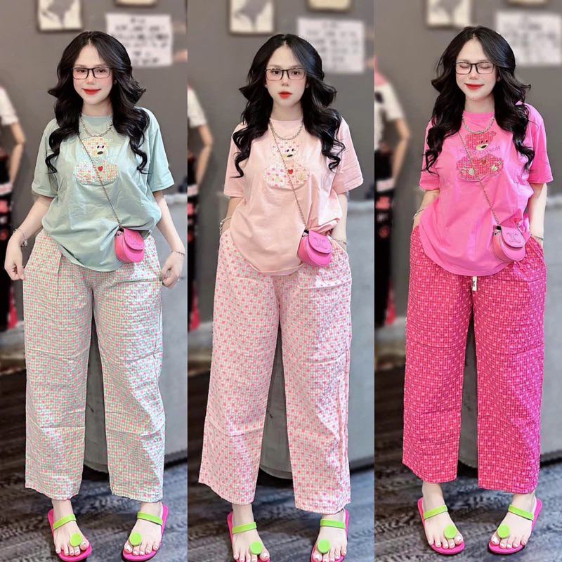 SET BỘ NỮ , ĐỒ BỘ NỮ ÁO THUN GÂN TĂM THÊU GẤU QUẦN ĐŨI TIM 3 MÀU ĐẸP _ĐỒ MẶC NHÀ NỮ ,ĐI CHƠI, DẠO PHỐ _ XƯỞNG MAY THU LÊ