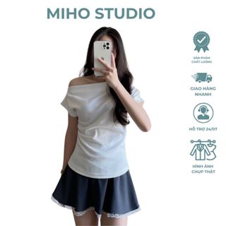 Áo Thun Lệch Vai Xếp Ly  Kiểu Sườn Nhún Eo Điệu Đà Phông Form Vừa Chất Vải Co Dãn Mềm Mịn Miho Studio