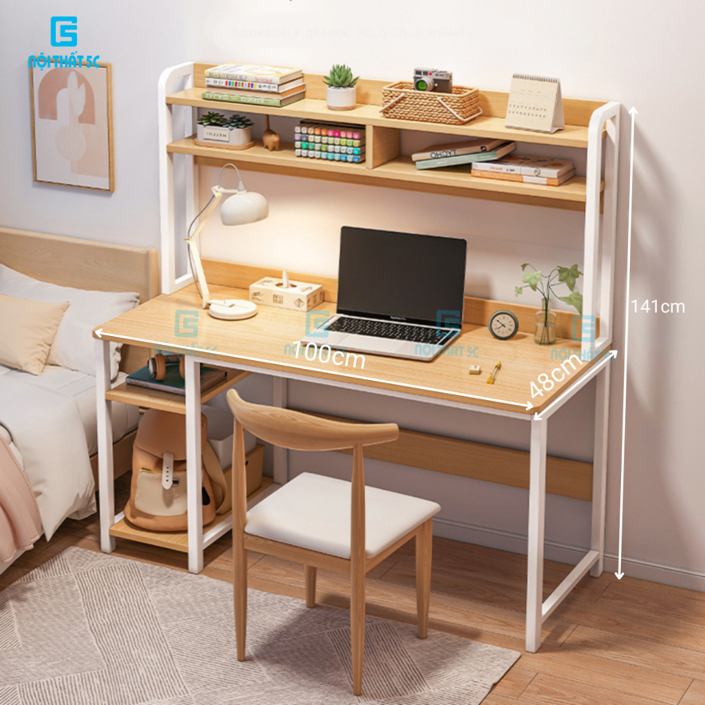 Bàn học kèm giá sách khung sắt mặt gỗ MDF dễ lau chùi, bàn làm việc liền kệ 2 tầng thiết kế phong cách hiện đại