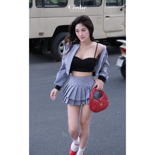 COSHE set áo khoác cổ bẻ tay dài kết hợp chân váy tầng kèm áo bra, set miu vải Kaki cao cấp phong cách Nhật Bản