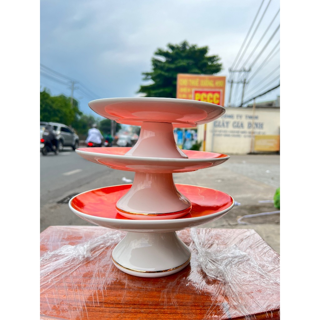 Đĩa sứ thờ sứ đá hoa cương 3 cỡ - ĐỎ ( đĩa sứ)