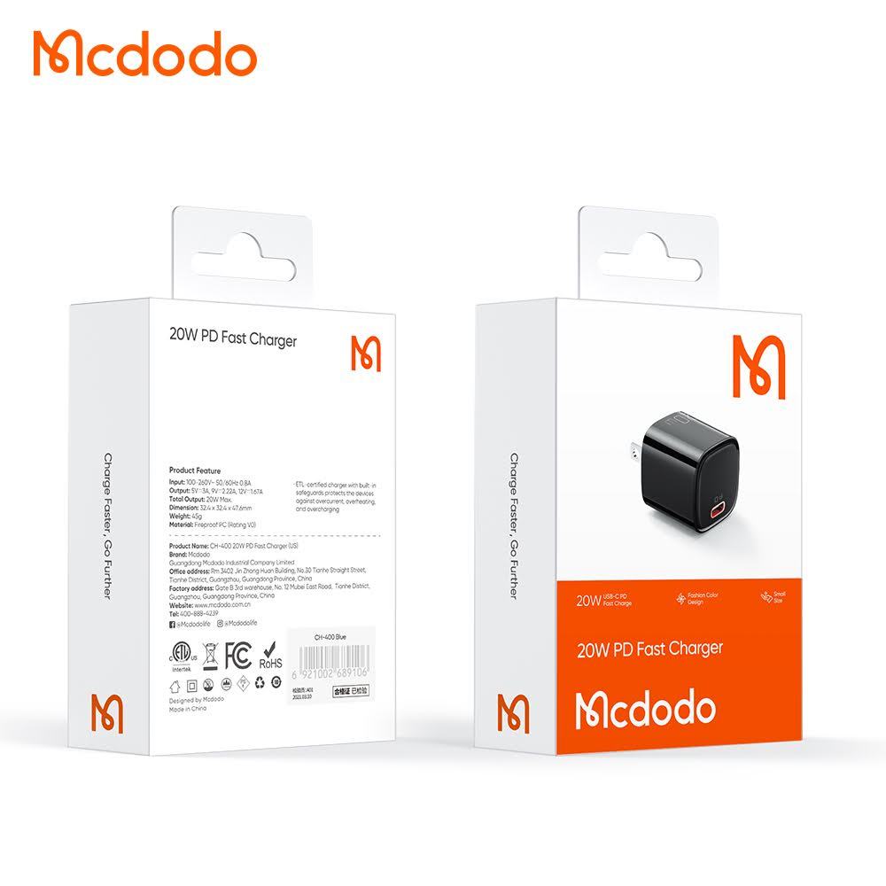 Bộ sạc nhanh Mcdodo CH-4001 black 20W 1 cổng USB-C PD chân sạc US
