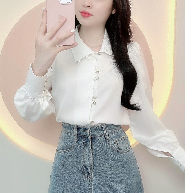 Áo sơ mi nữ thiết kế cổ lệch nút đôi sang trọng LAMO-B1232