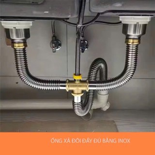 Bộ xi phông chậu rửa bát inox 304, xi phông thoát nước ăn mùi chống chuột, cho bồn rửa chén 2 hộc đôi