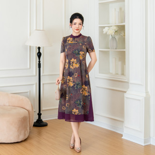 Đầm trung niên tặng mẹ LYBEE LV944 dáng váy cách tân sang trọng thanh lịch cho mẹ đi cưới đi tiệc