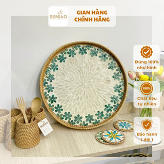 Khay mây khảm trai BEMIAO khay 40cm, khay đựng đồ đa năng, hoa quả, bánh mì, khay decor nhà cửa