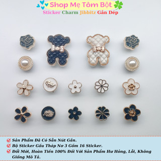 Bộ 16 Sticker Charm Jibbitz 3D Gấu Tháp Nơ 3 Phụ Kiện Trang Trí Dép Cross Sục Gắn Crocs Sẵn Nút Gắn