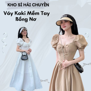 Váy Kaki Mềm Tay Bồng Nơ Form Dài Có Mút Kho Sỉ Hải Chuyền D05