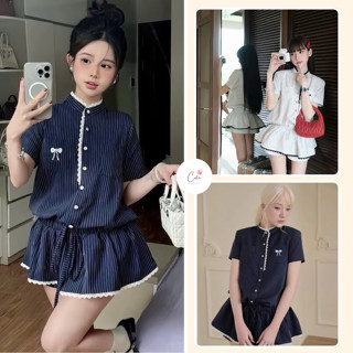 Set sơ mi tiểu thư cổ tàu mix chân váy viền ren nữ tính, bộ đồ nữ dáng ngắn phong cách babydoll bánh bèo