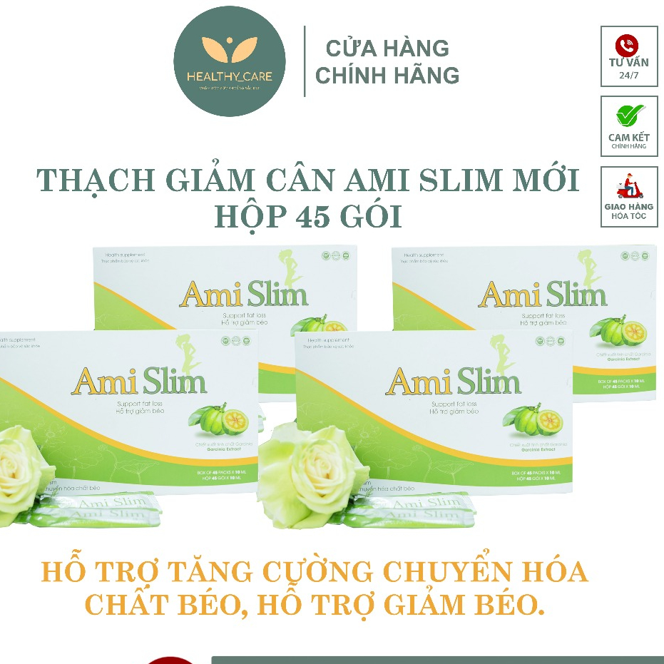 Combo 4 Thạch giảm cân Ami Slim Mẫu Mới Nhất Hộp 45 Gói - Hỗ Trợ Tăng Cường Chuyển Hóa Chất Béo