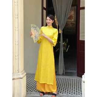 Áo dài nữ lụa gấm cao cấp dáng cách tân suông cổ cao, tay lỡ - Áo đài cách tân gấm vàng cổ cao - mã A