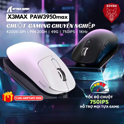 Chuột Bluetooth Không Dây Ziyou Attack Shark X3Max Paw3950 Max Cao Cấp Cực Mạnh Chuyên Game FPS