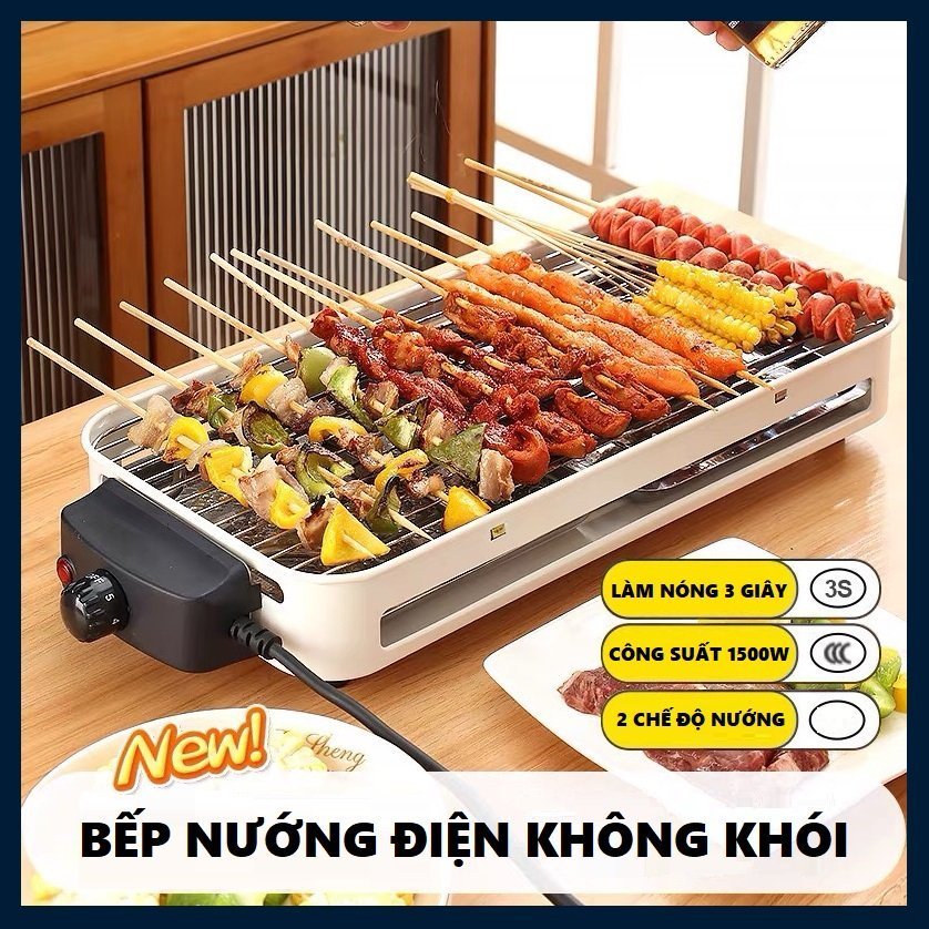 Bếp Nướng Điện  Công Suất 1500W Không Khói, Vỉ Nướng Và Chảo Chống Dính, Kèm Khay Hứng Dầu, Bếp Nướng BBQ