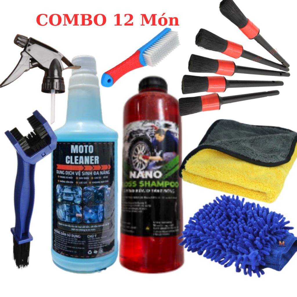 [Combo lớn] COMBO 11 12 món phụ kiện rửa xe & rửa sên tại nhà, Nước rửa xe, rửa đa năng, rửa dầu nhớt, nhông sên dĩa...