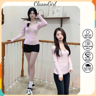 Áo Thun Dệt Kim Mỏng ClassyGirl Trễ Vai Cổ Chữ V Hở Lưng Dáng Ôm Màu Hồng Phong Cách Sexy