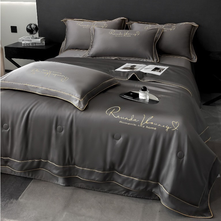  Bộ chăn ga gối lụa thái họa tiết sang trọng chăn hè trần bông cao cấp set drap ra giường nệm 4 món mềm mịn thoáng mát 