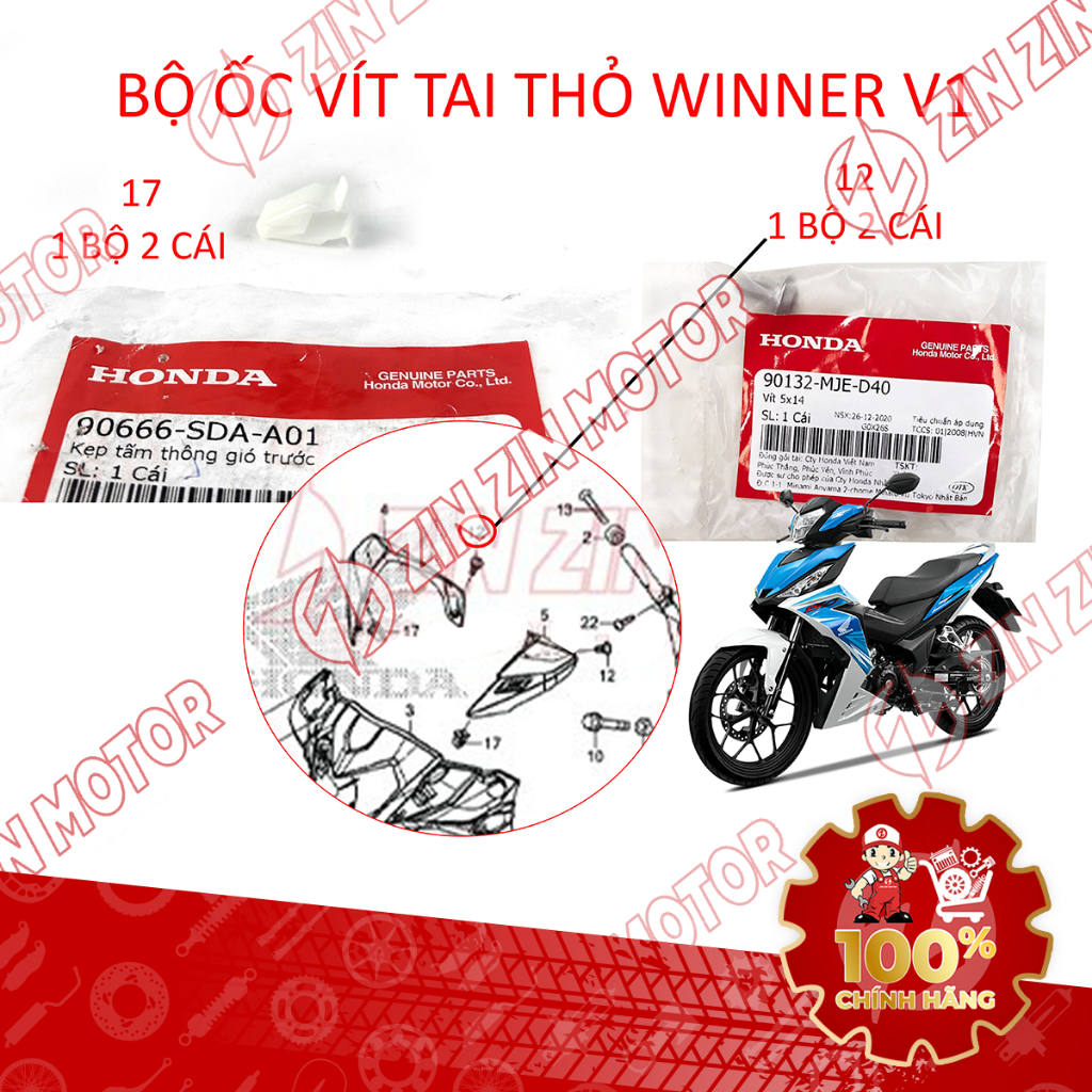 Bộ Ốc Dàn Áo, Vít Bắt Tai Thỏ Ốp Đầu Đèn Winner V1 90132MJED40, 90666SDAA01 Chính Hãng