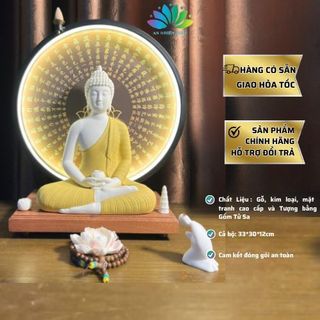 Tượng Phật Thích Ca Mâu Ni Gốm Tử Sa Kèm Kệ Đèn Led Cao Cấp, Tượng Phong Thủy Decor Nhà Cửa An Nhiên
