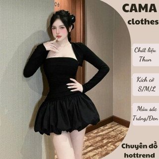 Set váy nữ, đầm nữ thu đông cúp ngực dáng bí tặng kèm cardigan Cama Clothes HCOM3023