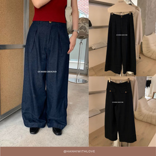 Hanhiwithlove - Quần jean mềm ống rộng xanh đậm phong cách hàn quốc hàng QCCC tag imiss mã 20098