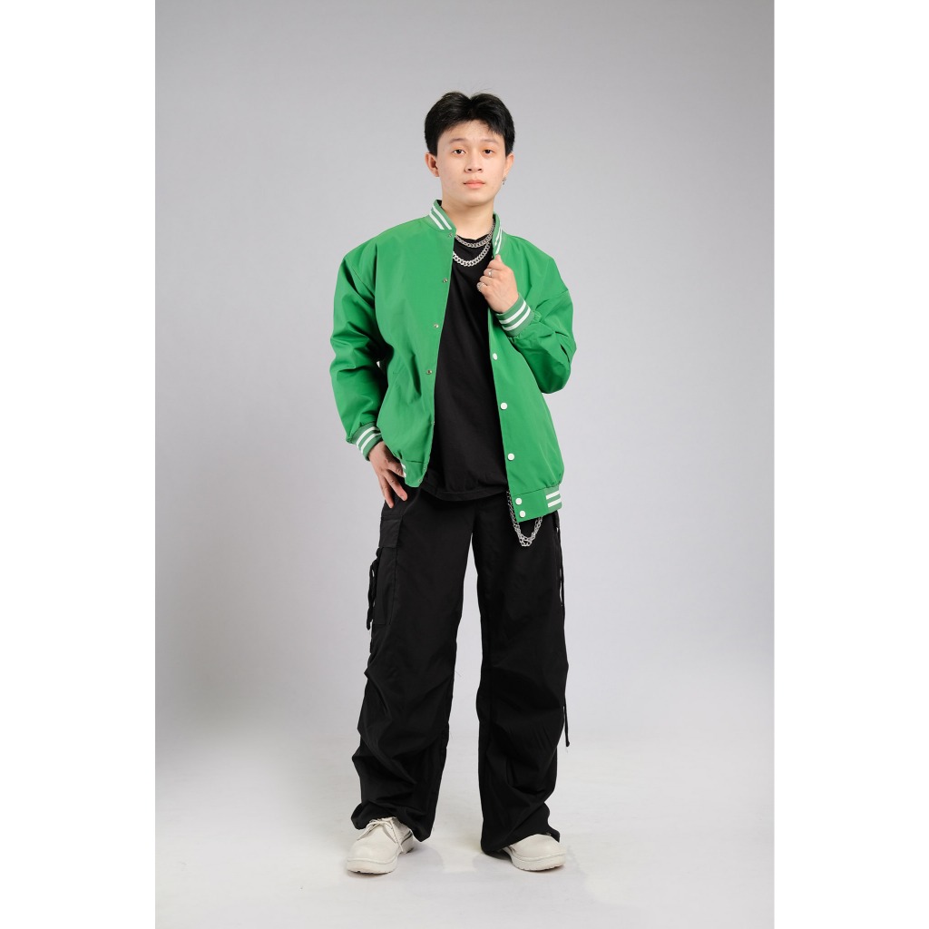 Áo Khoác Bomber Bóng Chày Viền Trắng Xanh Lá