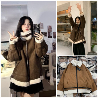 Áo Khoác Da Lộn Lót Lông Nữ. Áo Khoác 2 lớp kèm đai cổ phối viền phong cách Hàn quốc
