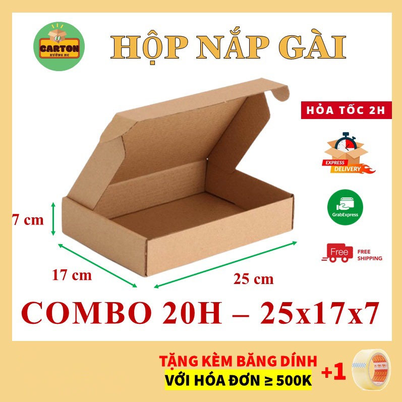 (25x17x7) 20 Hộp Carton Nắp Gài, Hộp Đựng Quà, Đựng Quần Áo, Phụ Kiện 3 lớp Sóng E