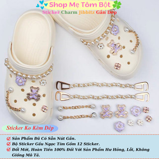 Bộ 12 Sticker Charm Jibbitz 3D Gấu Ngọc Tím Phụ Kiện Trang Trí Dép Cross Sục Gắn Crocs Sẵn Nút Gắn