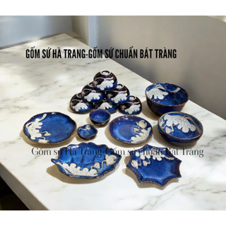  Các món bát đĩa lẻ của bộ đồ ăn gốm sứ Bát Tràng cao cấp men hoả biến thiên thanh khắc sen chìm 