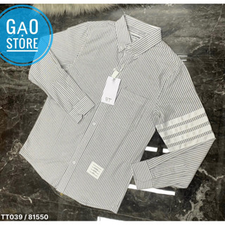 Áo Sơ Mi Nam Nữ Kẻ Sọc Màu Xám Viền Tay 4 Dải Trắng, Sơ Mi Boy Girl Phố Vải Cotton Lụa Cao Cấp