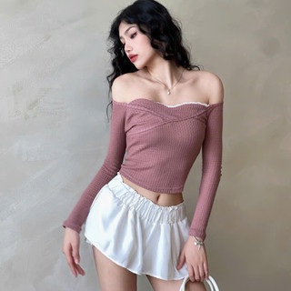 Áo thun ôm body tay dài phối cổ GLORIOUS chất len dệt ô vuông mỏng