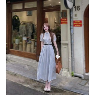  Đầm Nữ Thiết Kế Kẻ Sọc Cổ Sơ Mi Tay Bồng Maxi Dáng Xòe Tone Kẻ Xanh Basic Vintage Nhẹ Nhàng Thanh Lịch Hot Hit 