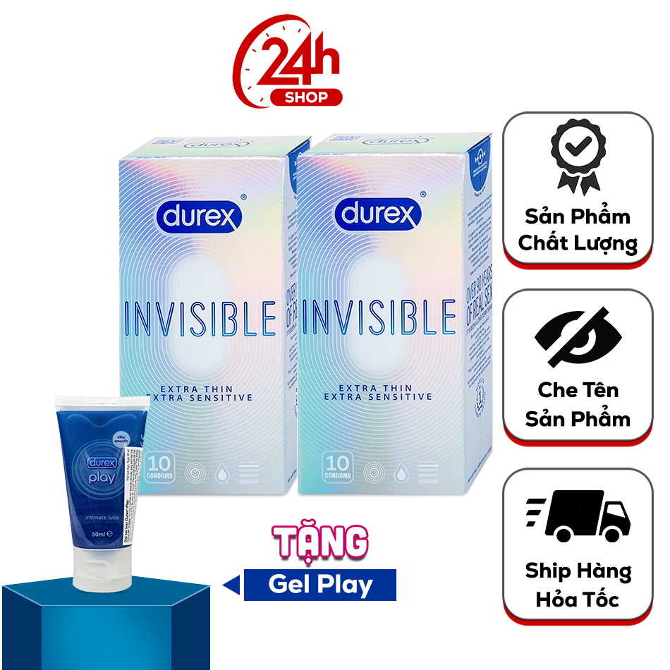[COMBO 2 hộp] Bao cao su SIÊU MỎNG ÔM SÁT Durex InViSiBLE TẶNG 1 Gel Play 50 ml, Bcs Siêu Mỏng Đem Lại Cảm Giác Thật 99%