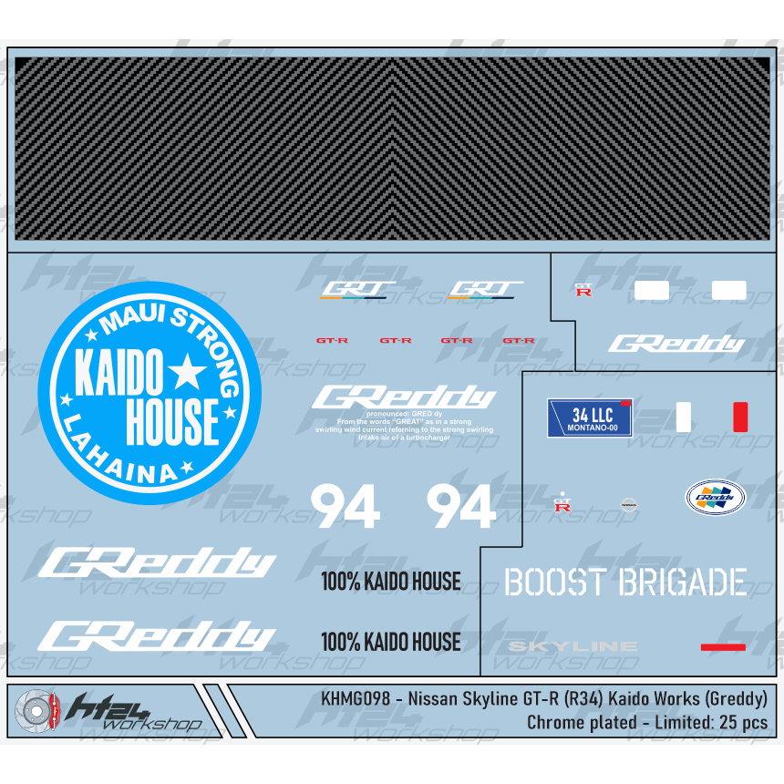 HT24workshop - Decal nước Kaido House - Nissan Skyline GT-R (R34) Kaido Works (Greddy) Chrome plated