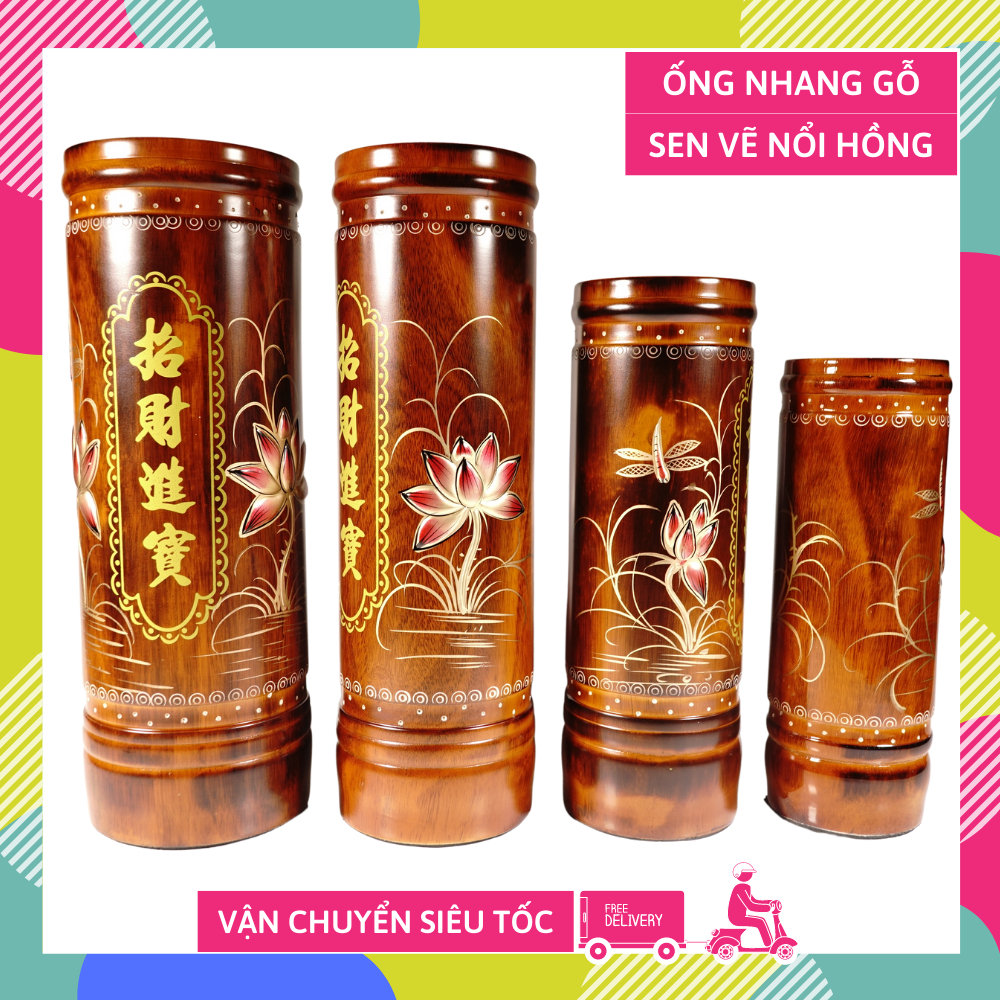 Ống đựng nhang gỗ cao ,Ống đựng nhang thờ cúng vẽ sen hồng trong đầm phong thủy tài lộc