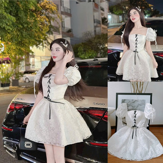 Đầm công chúa trắng phối lưới ô tay phồng kết logo ren (4 lớp lưới bao đẹp)