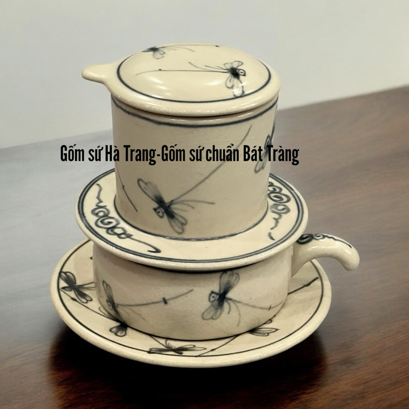 Phin cà phê men rạn Bát Tràng vẽ chuồn kim