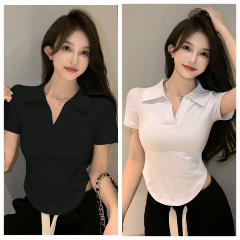 Áo thun nữ cổ trụ tăm lạnh vạt bầu trơn tay ngắn Voi Top Polo Đen Trắng Nhung Women Jean Voan