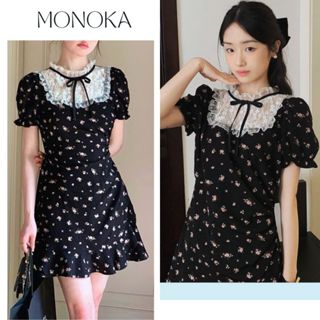 Váy tiểu thư hoa nhí cổ bèo nơ đen phối ren tay bồng cộc dáng ngắn vintage Đầm nữ bánh bèo xinh xăn nữ tính T539G MONOKA