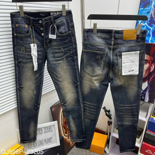  Quần jean bò nam slimfit PURPLE xanh đậm trơn mài loang đùi gối rách xước mèo cào dọc treo mác vải lụa cạp ghim mác túi 