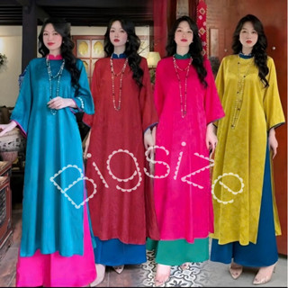 (SHOP BIGSIZE NỮ 50KG ĐẾN 90KG) set áo dài gấm dáng suông phối màu viền ống tay mặc tết