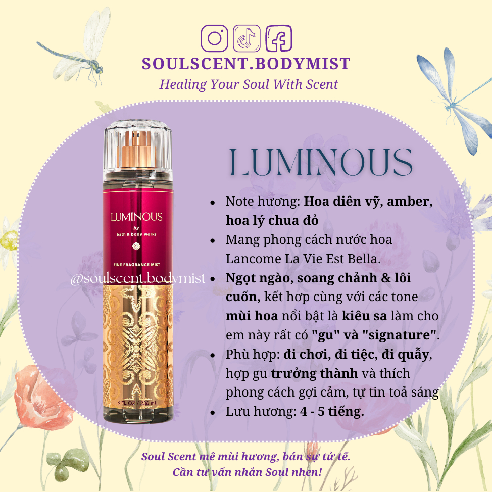 LUMINOUS Body mist xịt thơm toàn thân Bath & Body Works MÙI SANG NƯỚC HOA | Soul Scent (AUTH Mỹ)