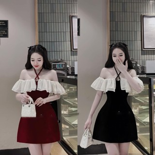 Đầm nhung chữ a hàn quốc bệch vai phối bèo mặc 2 kiểu y hình