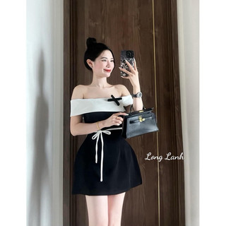 Đầm trễ vai thiết kế vạt trắng kèm tag nơ, Váy Ren Ngắn Sang Trọng Diện Đi Tiệc Sự Kiện Du Lịch Tôn Dáng Hoài Anh Design